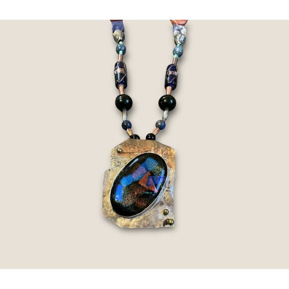 Artisan Jewelry - Handmade  Sterling Mixed Media Beaded Necklace With Dichroic Glass & Stone Penda